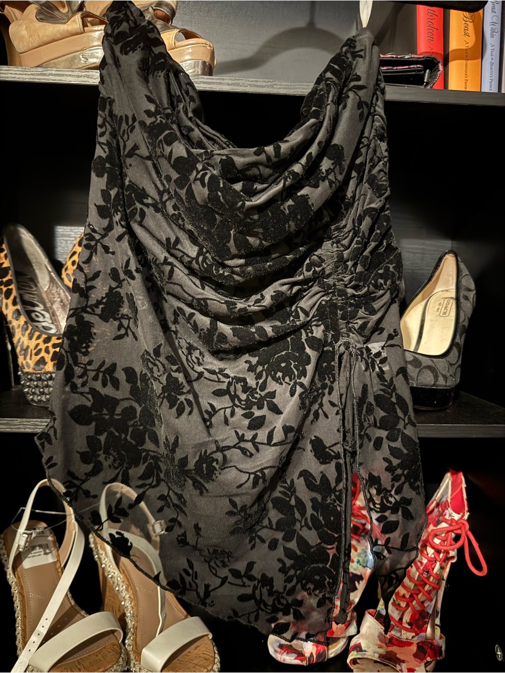Black Floral Burnout Cowl Neck Crop Top